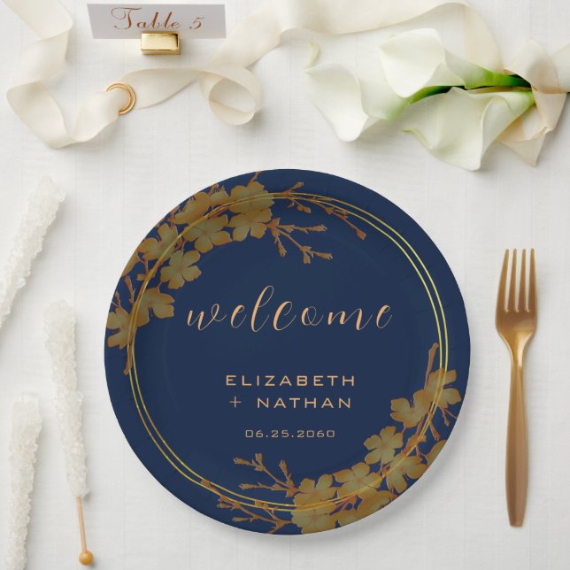 Classy Gold Floral Navy Blue Welcome Paper Plate (Wedding)