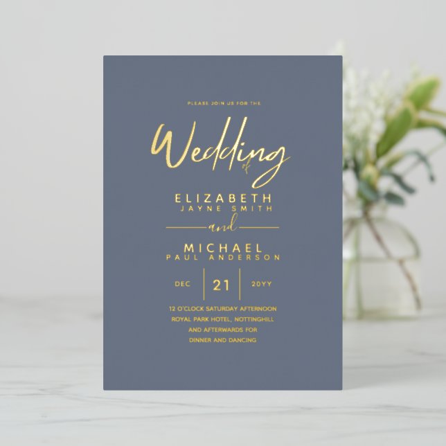 Classy GOLD FOIL Text Dusty Blue Wedding Elegant (Standing Front)