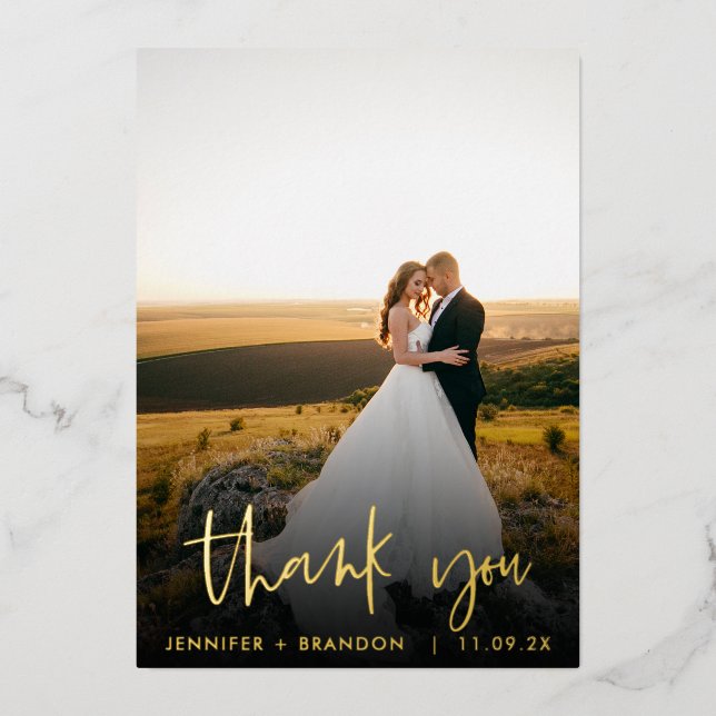 Classy Gold Foil Thank you | Wedding Photo Foil Holiday Card (Front)