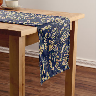 Classy Gold Foliage Botanical Blue Design Short Table Runner