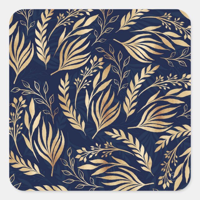 Classy Gold Foliage Botanical Blue Design Square Sticker (Front)