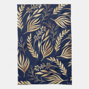 Classy Gold Foliage Botanical Blue Design Tea Towel