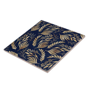 Classy Gold Foliage Botanical Blue Design Tile