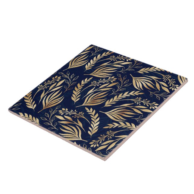 Classy Gold Foliage Botanical Blue Design Tile (Side)