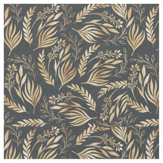 Classy Gold Foliage Botanical Grey Design Fabric (Close Up)