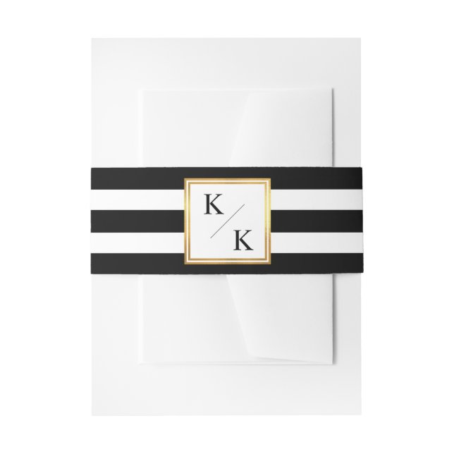 Classy Gold Frame Black White Stripes Wedding Invitation Belly Band (Front Example)