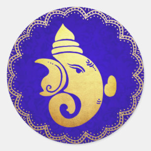 Classy Gold Ganapati Indian Hindu God Blue Classic Round Sticker