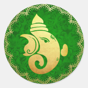 Classy Gold Ganapati Indian Hindu God Green Classic Round Sticker
