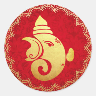 Classy Gold Ganapati Indian Hindu God Red  Classic Round Sticker