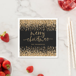 Classy Gold Glitter Merry Christmas Party Black Napkin