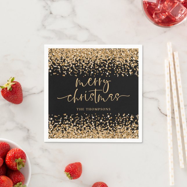 Classy Gold Glitter Merry Christmas Party Black Napkin (Insitu)