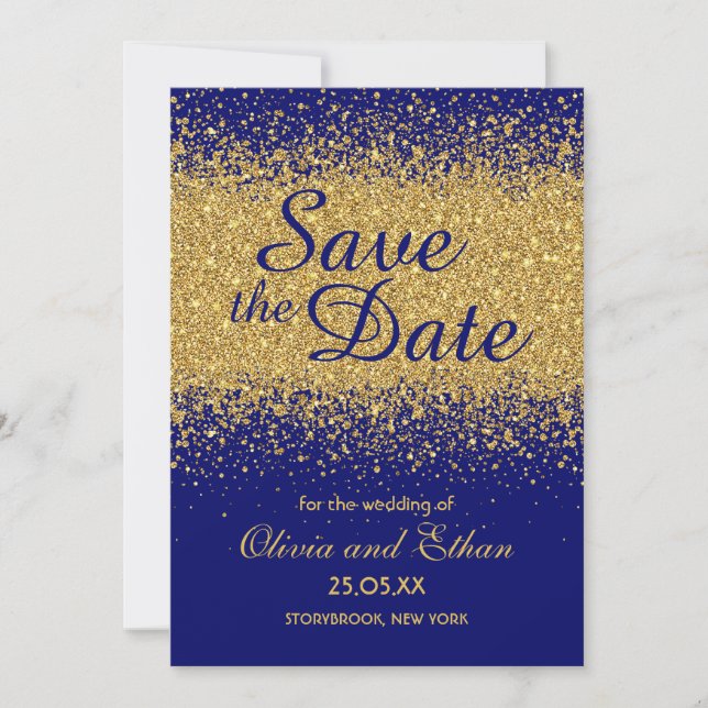 Classy Gold Glitter on Royal Blue Save The Date (Front)