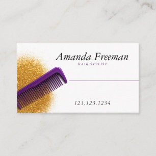 Classy Gold Glitter Purple Comb Hair Stylist Business Card