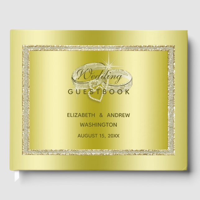 Classy Gold Glitter &  Wedding Rings  Guest Book (Front)