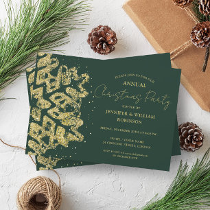 Classy Gold Glitter Xmas Snowflake Holiday Green Invitation