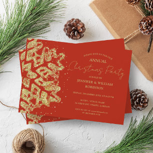 Classy Gold Glitter Xmas Snowflake Holiday Red Invitation
