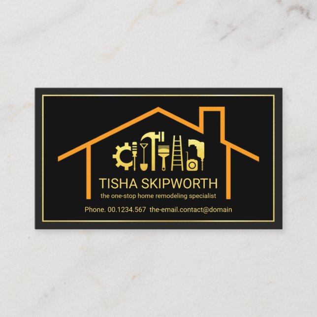 Classy Gold Handyman Tools Roof Frame Business Card (Front)