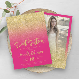 Classy Gold Hot Pink Glitter Photo Sweet 16 Invitation