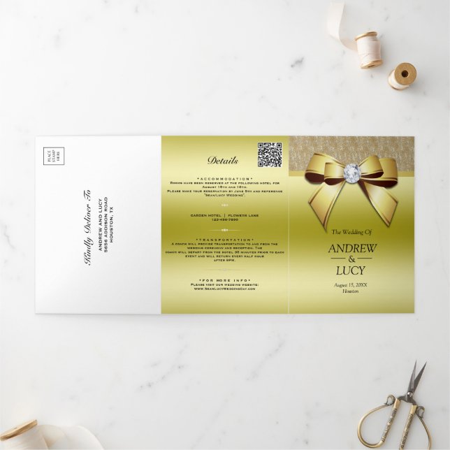 Classy Gold Jewel Gem Bow QR Code Wedding Tri-Fold Invitation (Outside)