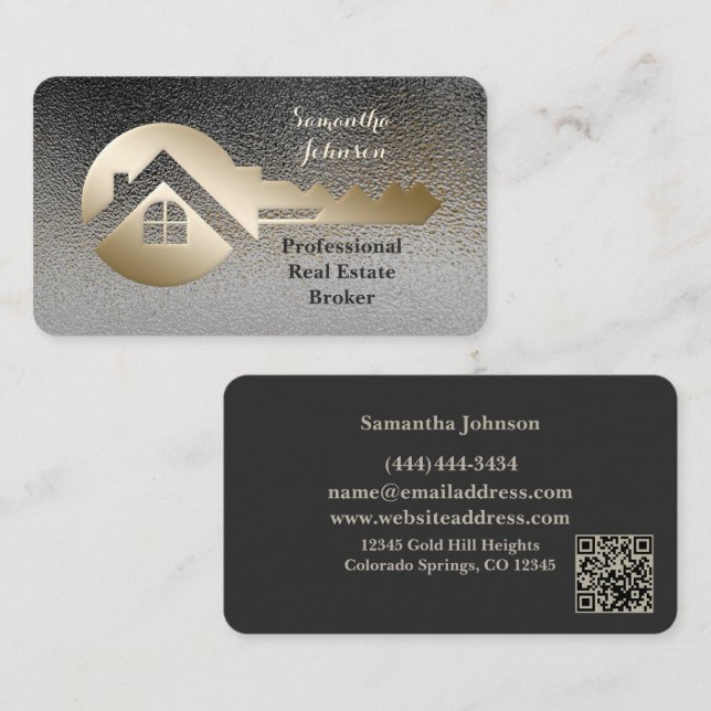 Classy Gold Key & Oxford Real Estate QR Code Business Card (Front/Back)