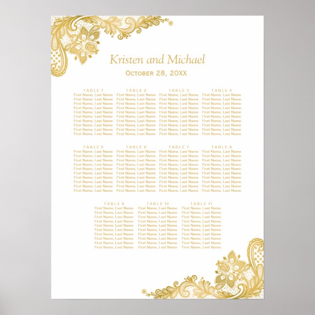 Classy Gold Lace Wedding Seating Chart (Front)