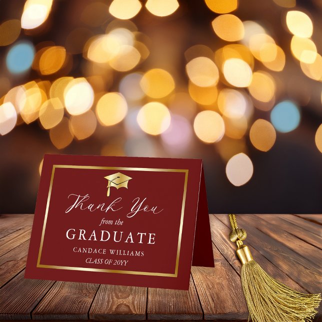 Classy Gold Minimalist Graduation Maroon Thank You Card (Elegant and Classy Gold Tone Grad Cap Minimalist Graduation Folded Thank You Card)