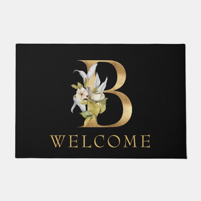 Classy Gold Monogram B with Flowers Doormat (Front)
