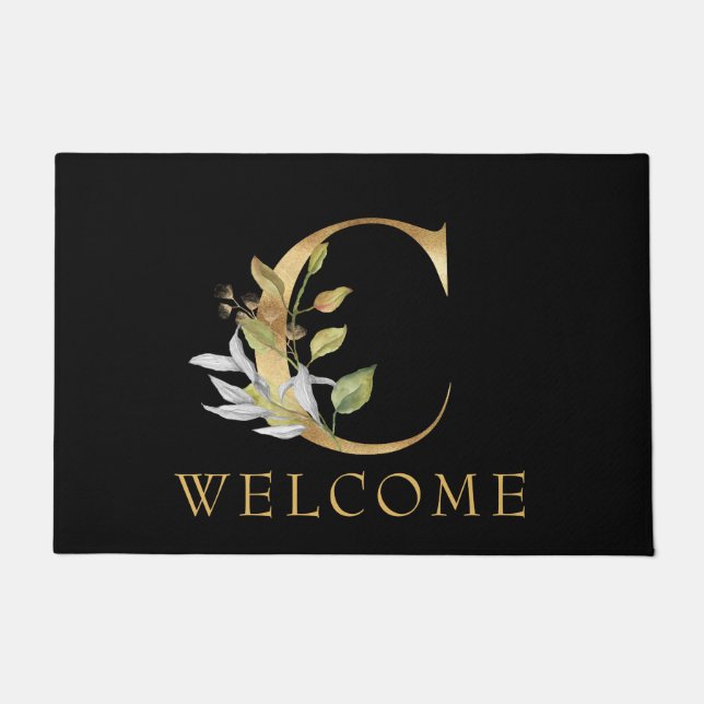 Classy Gold Monogram C with Flowers Doormat (Front)