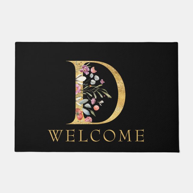 Classy Gold Monogram D with Pink Florals Doormat (Front)