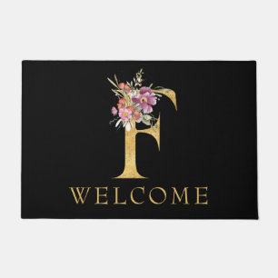 Classy Gold Monogram F with Pink Florals Doormat