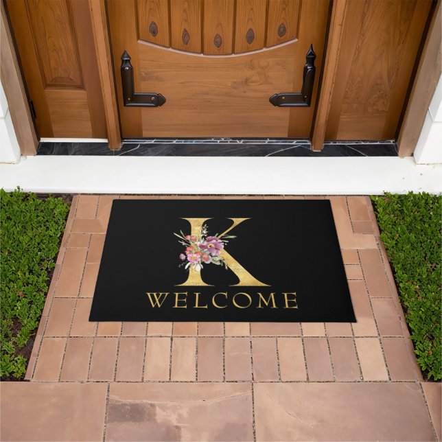 Classy Gold Monogram K with Pink Florals Doormat (Outdoor)