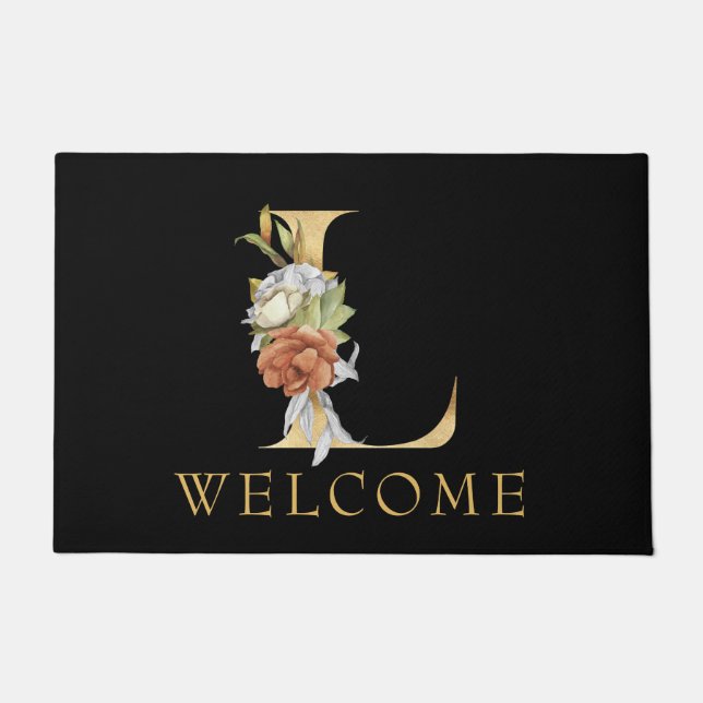 Classy Gold Monogram L with Floral Arrangement Doormat (Front)