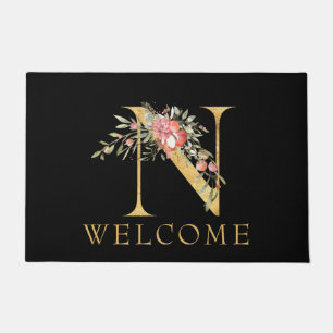 Classy Gold Monogram N with Pink Florals Doormat