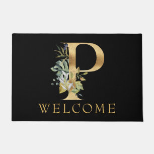 Classy Gold Monogram P with Floral Arrangement Doormat