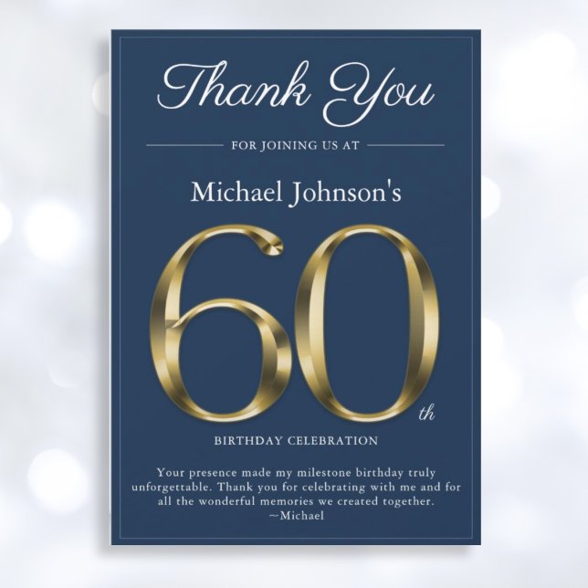 Classy Gold Navy Blue 60th Birthday Thank You Card (Mockup View)