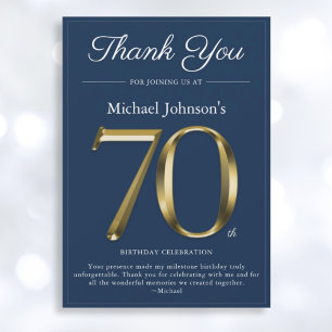 Classy Gold Navy Blue 70th Birthday Thank You Card
