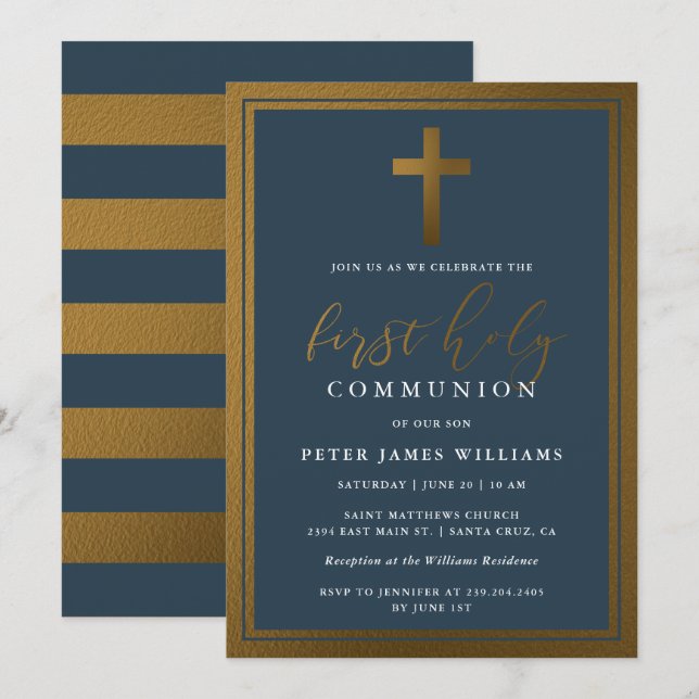 Classy Gold & Navy Blue First Holy Communion Invitation (Front/Back)