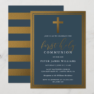 Classy Gold & Navy Blue First Holy Communion Invitation