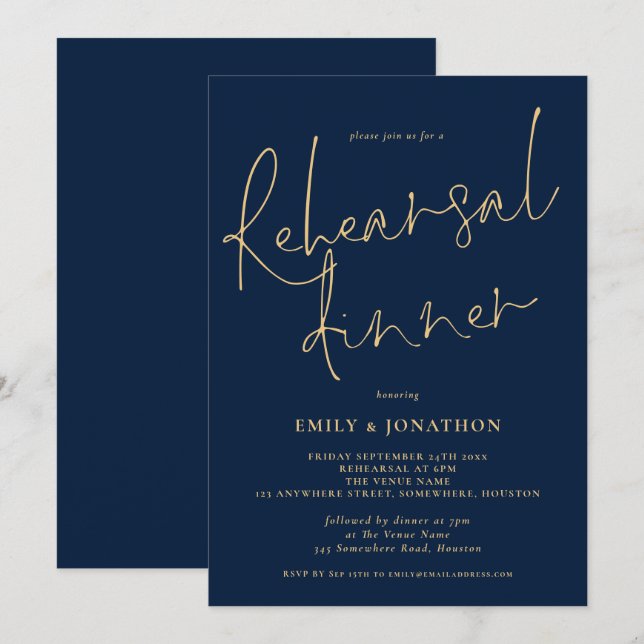 Classy Gold Navy Wedding Rehearsal Dinner Invitation (Front/Back)