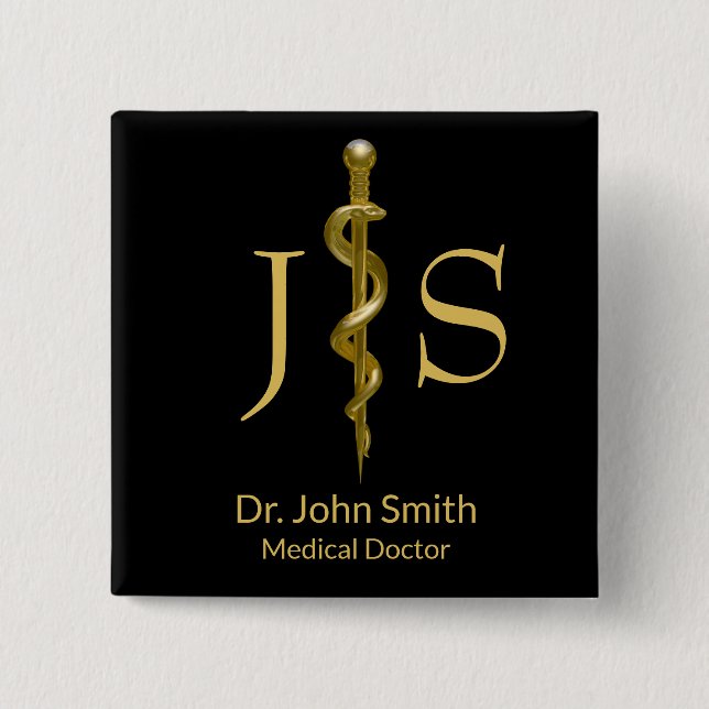 Classy Gold on Black Rod of Asclepius Medical 15 Cm Square Badge (Front)