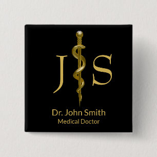 Classy Gold on Black Rod of Asclepius Medical 15 Cm Square Badge