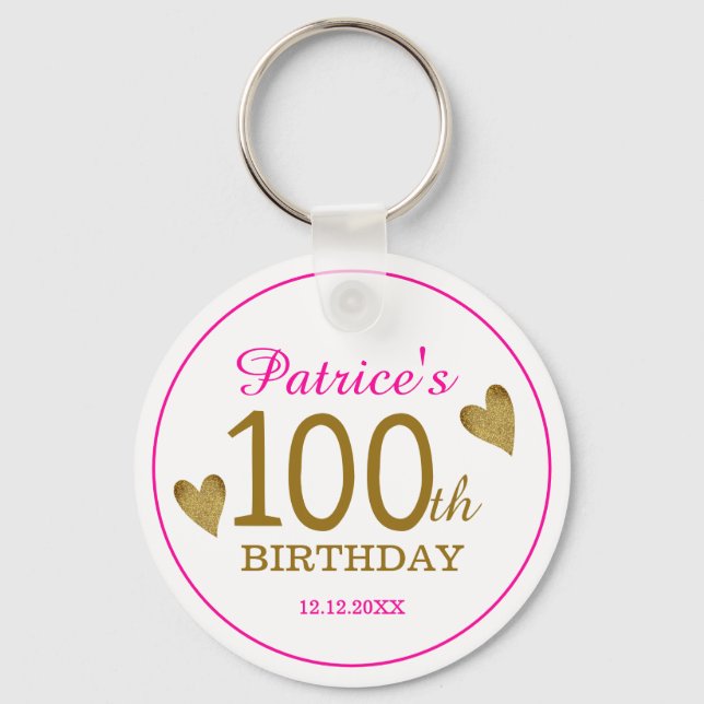 Classy Gold Pink 100th Birthday Thank You Favour   Key Ring (Front)