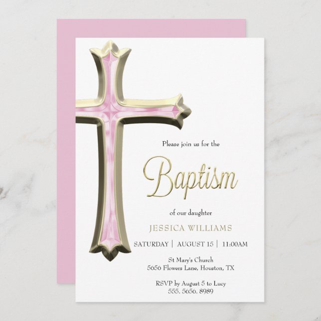 Classy Gold & Pink Cross Baptism Invitation (Front/Back)