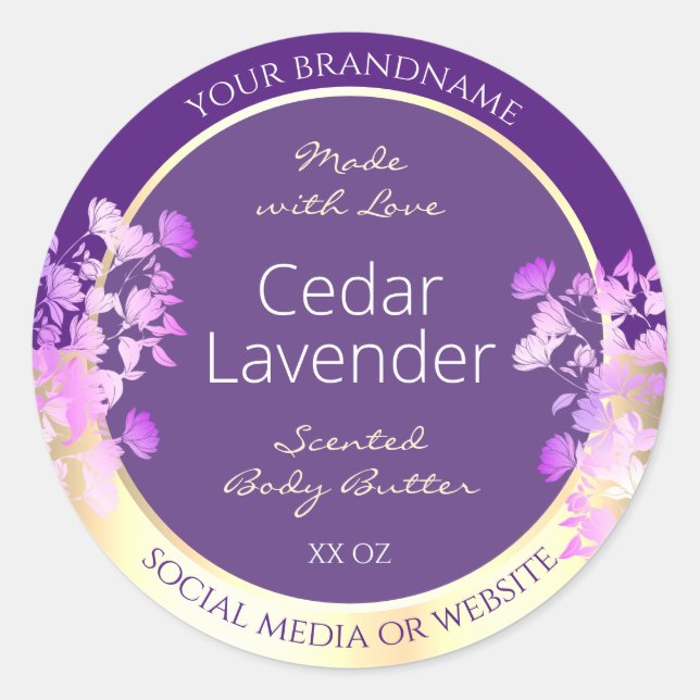 Classy Gold Purple Floral Product Packaging Labels (Front)