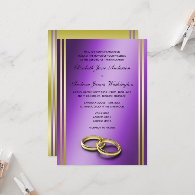 Classy Gold & Purple, Wedding Rings Wedding Invitation (Front/Back In Situ)