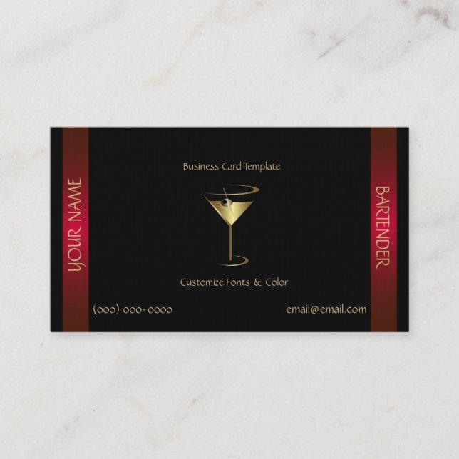Classy Gold Red Metallic Bartender Template Business Card (Front)