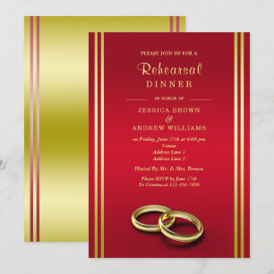 Classy Gold & Red, Wedding Rings Rehearsal Dinner Invitation