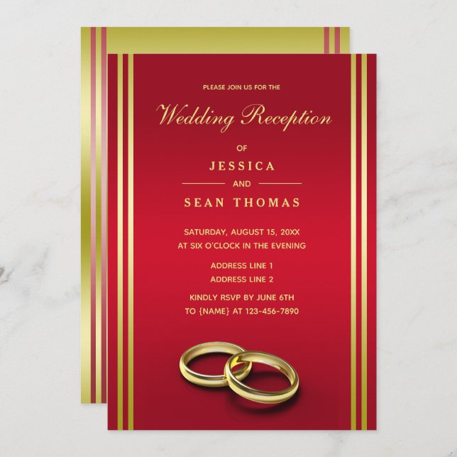 Classy Gold & Red, Wedding Rings Wedding Reception Invitation (Front/Back)