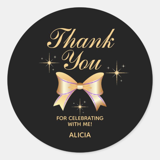 Classy Gold Ribbon Girl Black Birthday Thank You  Classic Round Sticker (Front)