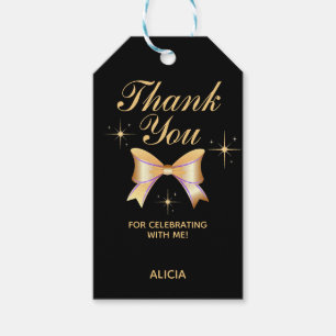 Classy Gold Ribbon Girl Black Birthday Thank You Gift Tags